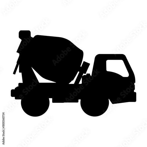Silhouette of Concrete Mixer Truck with Rotating Drum on White Background, Construction and Transportation in Industrial Context