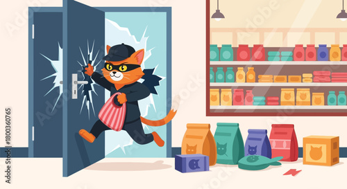 Illustrative mischief: Cartoon cat burglar breaks into pet store for treats