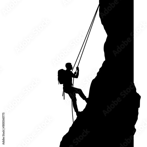 Silhouette of climber ascending steep rock face with rope, outdoor adventure and physical challenge in mountain environment