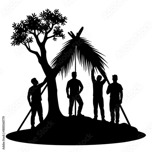 Team building shelter with branches under tree silhouette, outdoor survival skills and teamwork in nature