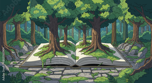 Enchanted forest unfolds within the pages of an opened storybook art