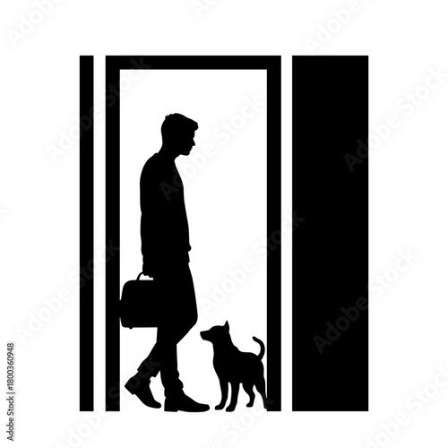 Silhouette of person with pet carrier in apartment hallway, pet-friendly housing and secure entry concept