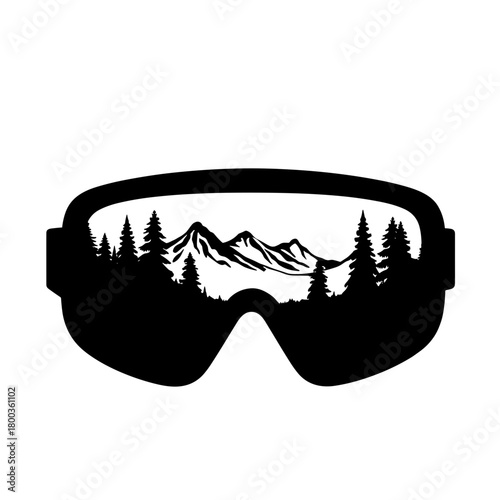 Goggles silhouette with mountain reflection, alpine landscape and winter sports concept in outdoor adventure theme