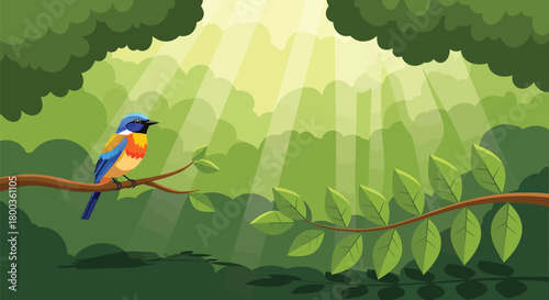 Colorful bird illustration in a serene forest setting with dappled light