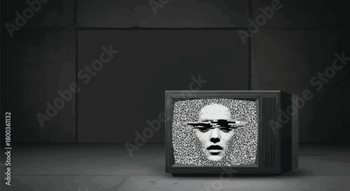Distorted reality on vintage television with a haunting face static display