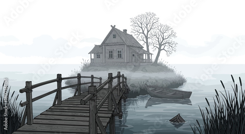 Secluded Lakeside Dwelling with Wooden Bridge and Boat in Misty Landscape