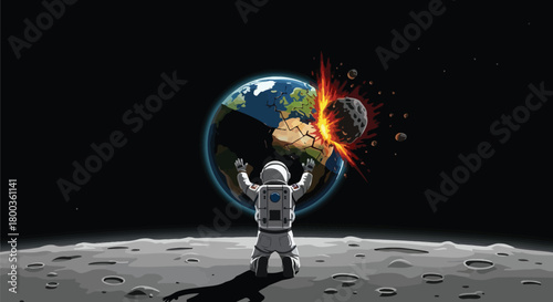 Astronaut on lunar surface facing Earth impact, catastrophic event concept