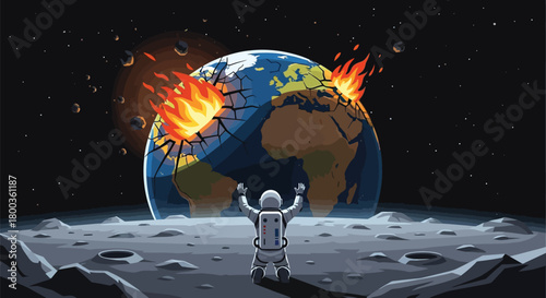 Astronaut faces catastrophic destruction of Earth on lunar surface art