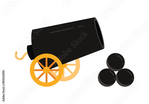 Classic cannon and cannonballs on white background, isolated for historical or adventure themes vector illustration