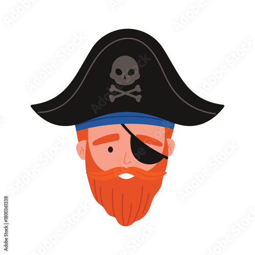Red-bearded pirate face with eyepatch and skull hat on white isolated background vector illustration