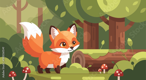 Enchanting woodland scene featuring a charming cartoon fox in nature