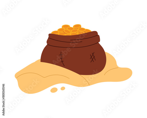 Isolated pirate money bag overflowing with gold coins on sand vector illustration