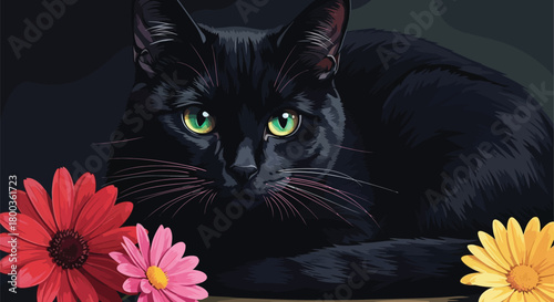 Elegant black cat with emerald eyes and vibrant floral accents illustration