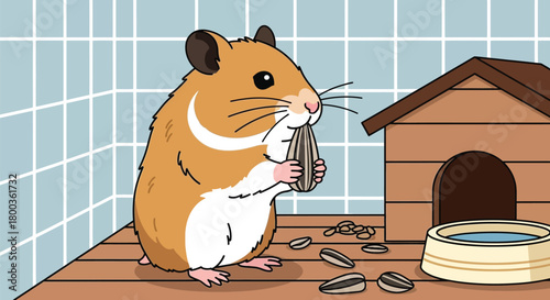Illustration of a cute hamster enjoying a sunflower seed in its habitat