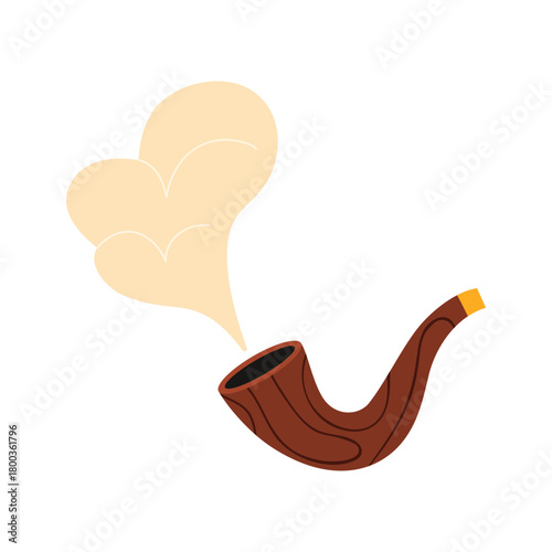 Classic wooden pipe with curling smoke on white background, isolated vector illustration