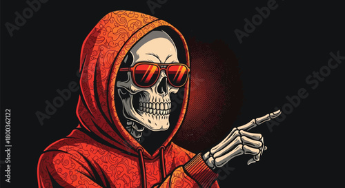 Cool skeleton with sunglasses and hoodie pointing towards something awesome