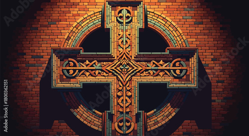 Brickwork cross with ornate circular design against a textured wall