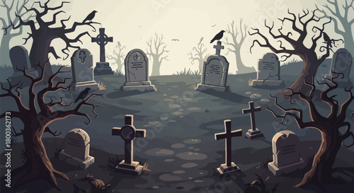 Cemetery illustration with tombstones, crosses and trees, a serene scene