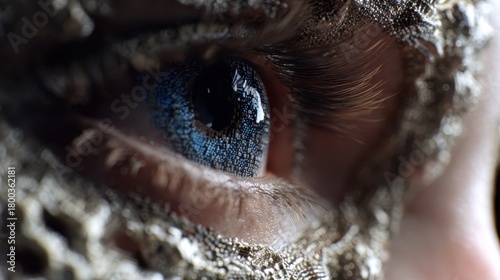An eye framed by textured, ...