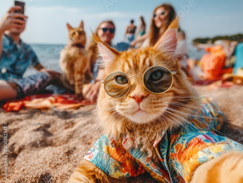 Orange cat wearing sunglass...