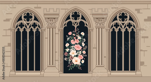 Floral arrangement in gothic architecture window creates harmonious symmetry