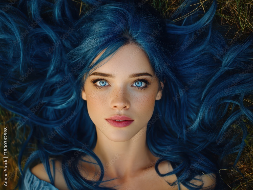 Obraz premium Young woman with vivid blue hair lying on grass, striking bright blue eyes and subtle freckles, wearing light blue top. Her expression is neutral and serene, surrounded by lush greenery