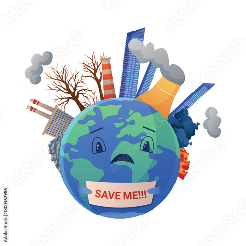 Isolated sad planet Earth holding save me sign surrounded by pollution factories and dead trees vector illustration