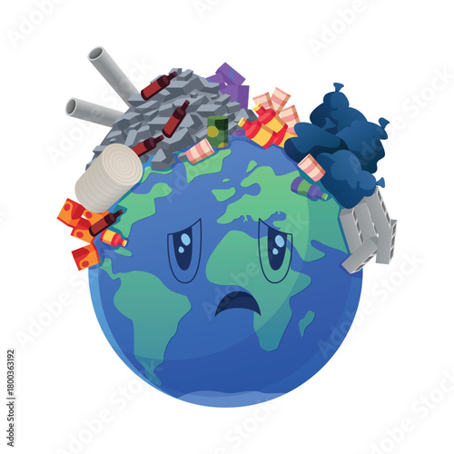 Isolated sad planet Earth with garbage, smoke, and pollution highlighting environmental crisis vector illustration