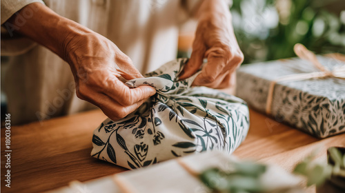 Grandmother's hands folding a reusable fabric wrapping for a gift, eco-friendly Christmas gift concept