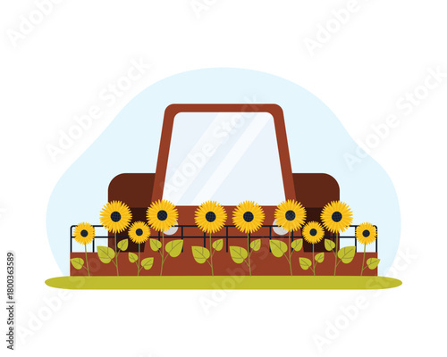 Modern tractor harvesting sunflowers for oil production on an isolated white background vector illustration