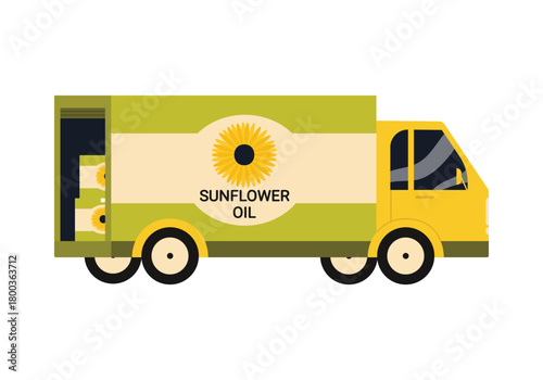Yellow delivery truck transporting sunflower oil boxes on a white isolated background vector illustration