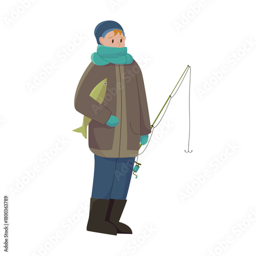 Man in winter clothes with fish and fishing rod isolated on white background vector illustration
