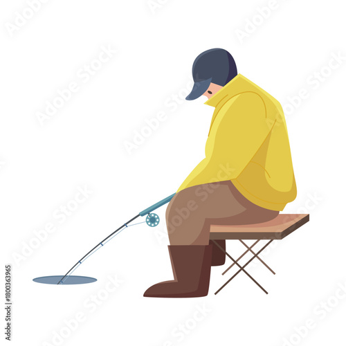 Person in yellow jacket ice fishing on frozen lake, sitting alone on isolated white background vector illustration
