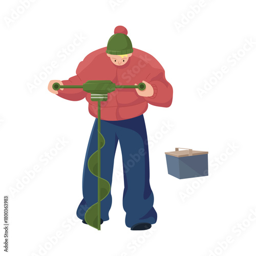 Person in warm clothes using auger for winter fishing on isolated white background vector illustration