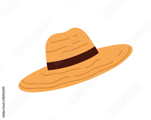 Wide brim straw sun hat with brown band isolated on white background vector illustration