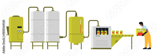 Isolated apple juice production line with worker, industrial equipment, and packaging process vector illustration