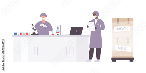 Researchers in protective clothing analyze beef meat samples in an isolated laboratory environment vector illustration