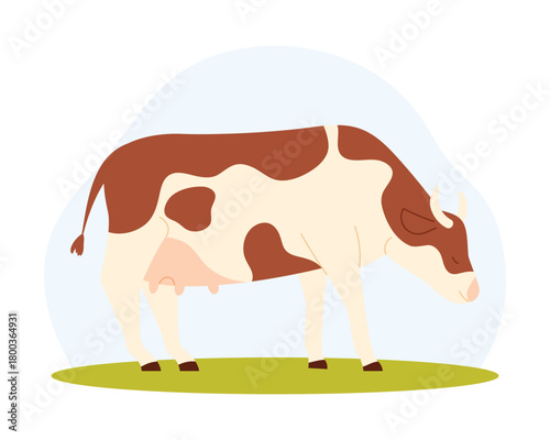 Brown and white dairy cow standing on grass, isolated for biogas production concept vector illustration