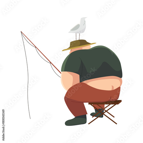 Cartoon fisherman sitting on stool with fishing rod and seagull on hat isolated vector illustration