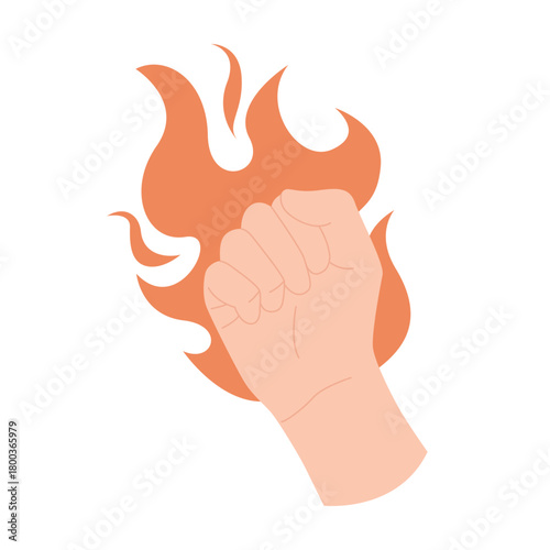 Raised fist with flames representing strength, energy, and motivation on isolated background vector illustration