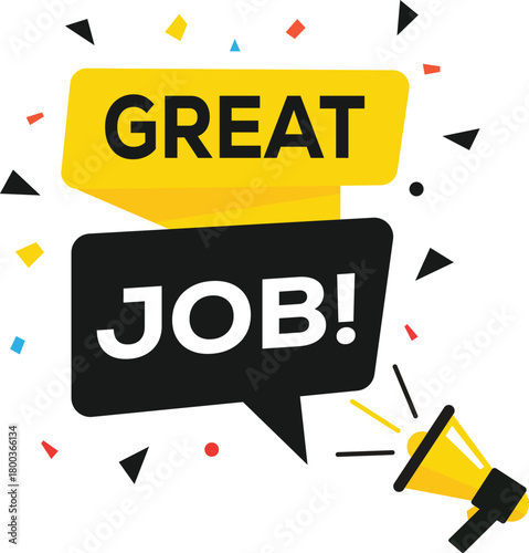 Great job congratulation message vector with yellow and black speech shapes