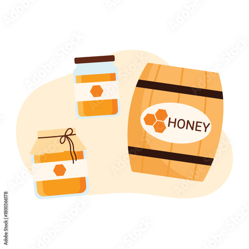 Isolated honey production jars and barrel for beekeeping, food, and organic product concepts vector illustration