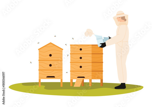 Isolated beekeeper in protective suit using smoker near wooden beehives for honey production vector illustration