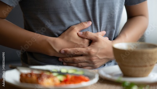 Person experiencing stomach pain after eating unhealthy or contaminated food