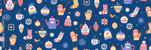 Cozy Scandinavian Winter Seamless Pattern with Teapots, Mittens and Socks, Hygge Holiday Vector