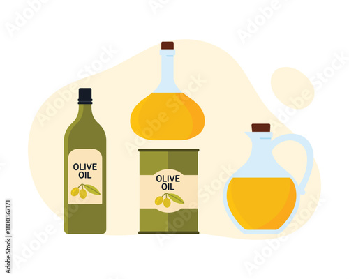 Various olive oil containers in different shapes and sizes on a white isolated background vector illustration