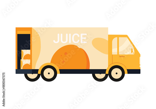 Flat isolated delivery truck with orange juice boxes for beverage transport and distribution vector illustration