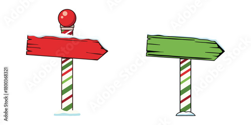 Two festive directional signs with candy cane poles and snow at Christmas
