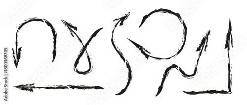Grunge texture arrow set. Hand drawn simple brush stroke navigation symbol. Various direction sign vector illustration
