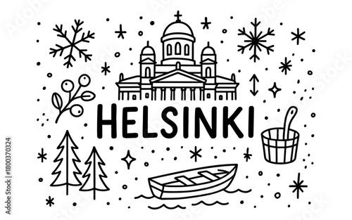 Helsinki doodle art featuring cathedral, winter icons, and finnish traditions